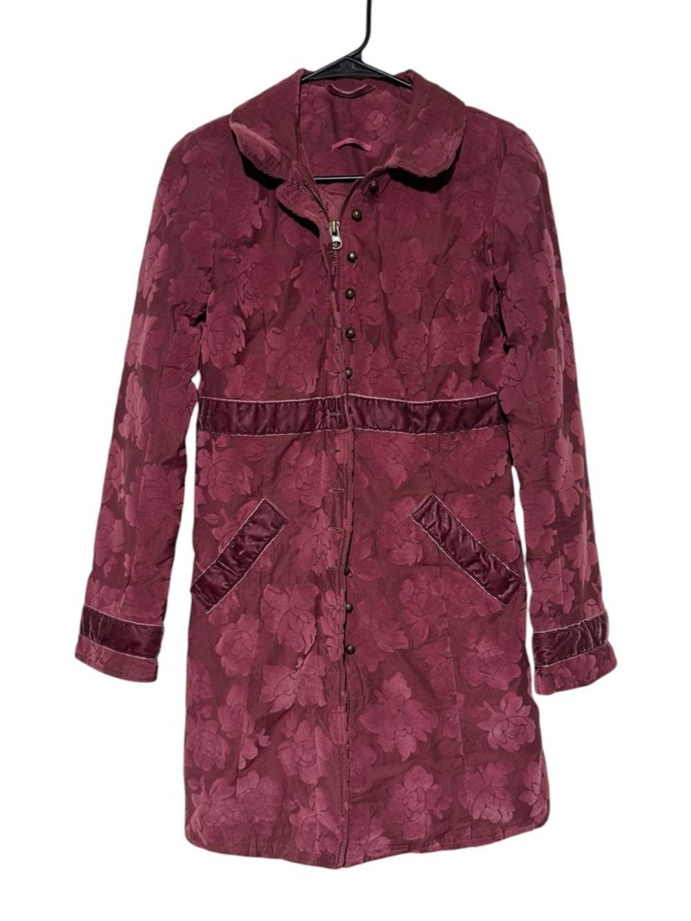 Free People Velvet Floral Trench Coat Women Size S Pink Magenta Boho Hippie